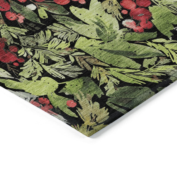 HomeRoots 5' Stylish Botanical Leaves Area Rug – Black, Green & Red, Washable, Durable for Indoor/Outdoor Use 621419