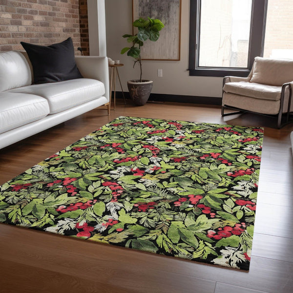 HomeRoots 5' Stylish Botanical Leaves Area Rug – Black, Green & Red, Washable, Durable for Indoor/Outdoor Use 621419