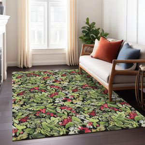 HomeRoots 5' Stylish Botanical Leaves Area Rug – Black, Green & Red, Washable, Durable for Indoor/Outdoor Use 621419
