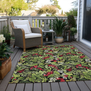 HomeRoots 5' Stylish Botanical Leaves Area Rug – Black, Green & Red, Washable, Durable for Indoor/Outdoor Use 621419