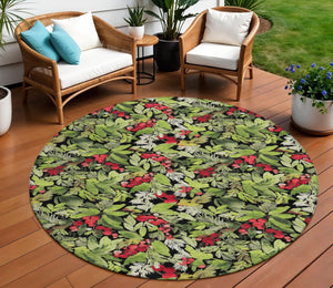 HomeRoots 8' Vibrant Black, Green & Red Round Botanical Leaves Rug - Washable, Durable for Indoor/Outdoor Use 621420