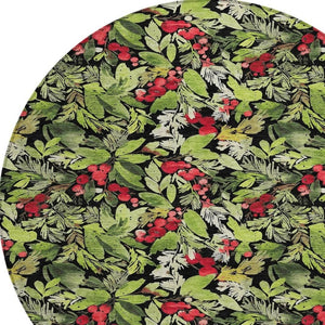 HomeRoots 8' Vibrant Black, Green & Red Round Botanical Leaves Rug - Washable, Durable for Indoor/Outdoor Use 621420