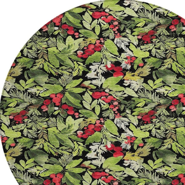HomeRoots 8' Vibrant Black, Green & Red Round Botanical Leaves Rug - Washable, Durable for Indoor/Outdoor Use 621420