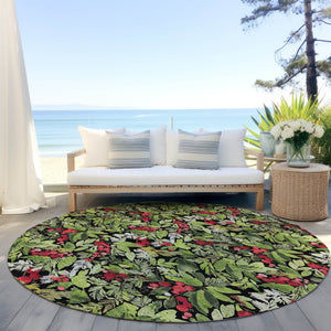 HomeRoots 8' Vibrant Black, Green & Red Round Botanical Leaves Rug - Washable, Durable for Indoor/Outdoor Use 621420