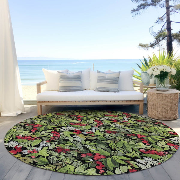 HomeRoots 8' Vibrant Black, Green & Red Round Botanical Leaves Rug - Washable, Durable for Indoor/Outdoor Use 621420