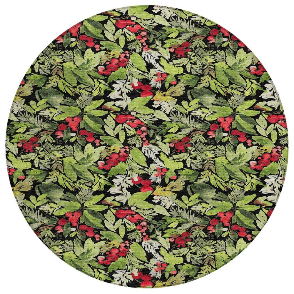 HomeRoots 8' Vibrant Black, Green & Red Round Botanical Leaves Rug - Washable, Durable for Indoor/Outdoor Use 621420