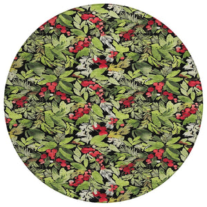 HomeRoots 8' Vibrant Black, Green & Red Round Botanical Leaves Rug - Washable, Durable for Indoor/Outdoor Use 621420