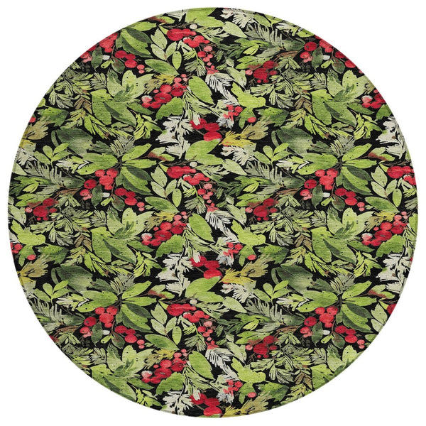 HomeRoots 8' Vibrant Black, Green & Red Round Botanical Leaves Rug - Washable, Durable for Indoor/Outdoor Use 621420