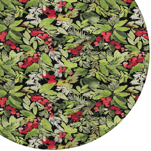HomeRoots 8' Vibrant Black, Green & Red Round Botanical Leaves Rug - Washable, Durable for Indoor/Outdoor Use 621420