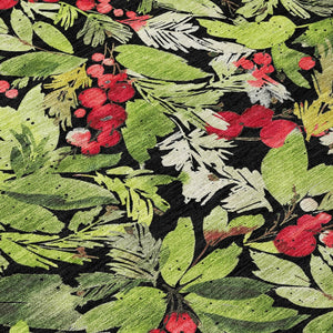 HomeRoots 8' Vibrant Black, Green & Red Round Botanical Leaves Rug - Washable, Durable for Indoor/Outdoor Use 621420