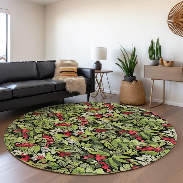 HomeRoots 8' Vibrant Black, Green & Red Round Botanical Leaves Rug - Washable, Durable for Indoor/Outdoor Use 621420