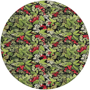 HomeRoots 8' Vibrant Black, Green & Red Round Botanical Leaves Rug - Washable, Durable for Indoor/Outdoor Use 621420