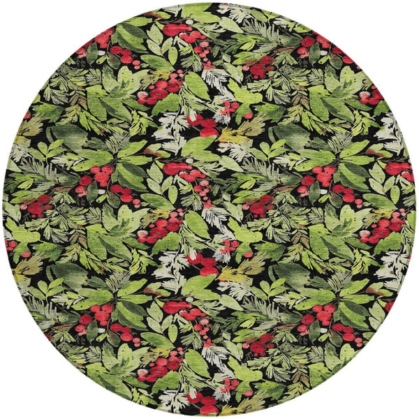 HomeRoots 8' Vibrant Black, Green & Red Round Botanical Leaves Rug - Washable, Durable for Indoor/Outdoor Use 621420