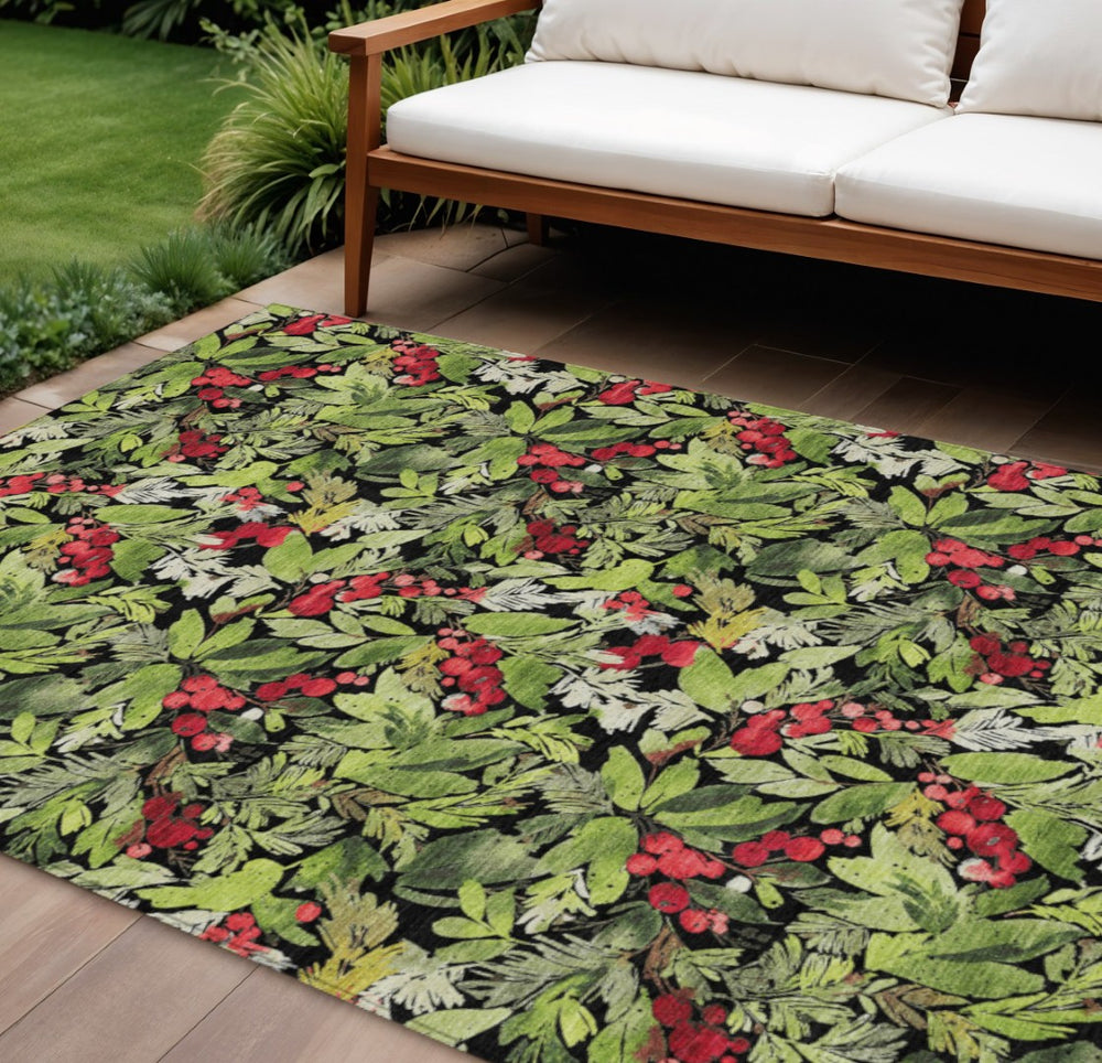 HomeRoots 10' Washable Area Rug - Bold Black, Green & Red Botanical Leaf Design for Indoor/Outdoor Spaces 621423