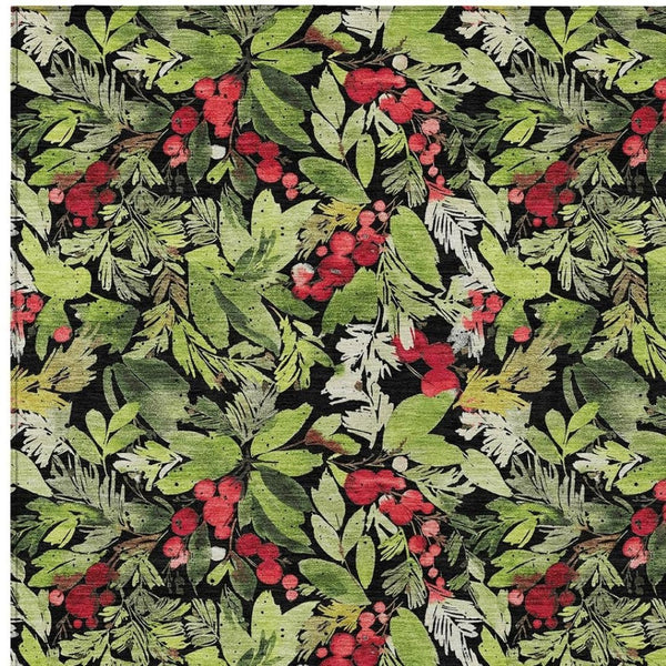 HomeRoots 10' Washable Area Rug - Bold Black, Green & Red Botanical Leaf Design for Indoor/Outdoor Spaces 621423