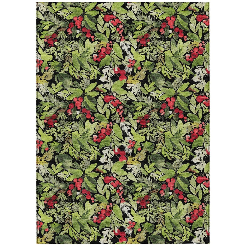 HomeRoots 10' Washable Area Rug - Bold Black, Green & Red Botanical Leaf Design for Indoor/Outdoor Spaces 621423