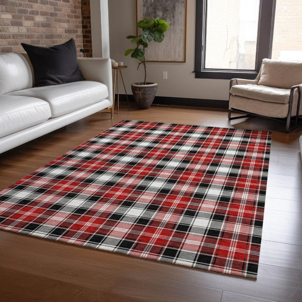 HomeRoots 5' X 8' Plaid Washable Area Rug in Black, Red, and White – Durable Indoor/Outdoor Style for Every Space 621425