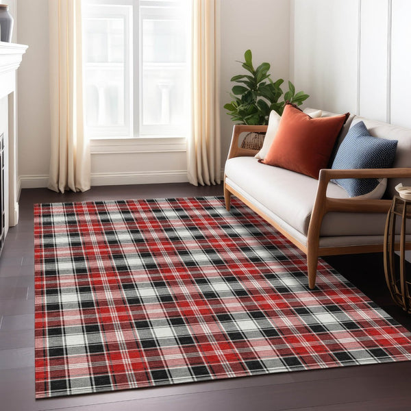 HomeRoots 5' X 8' Plaid Washable Area Rug in Black, Red, and White – Durable Indoor/Outdoor Style for Every Space 621425