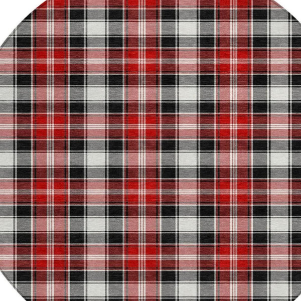HomeRoots 8' Round Plaid Area Rug in Black, Red, and White - Stylish, Washable, Indoor/Outdoor Durability 621426