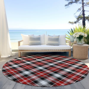 HomeRoots 8' Round Plaid Area Rug in Black, Red, and White - Stylish, Washable, Indoor/Outdoor Durability 621426