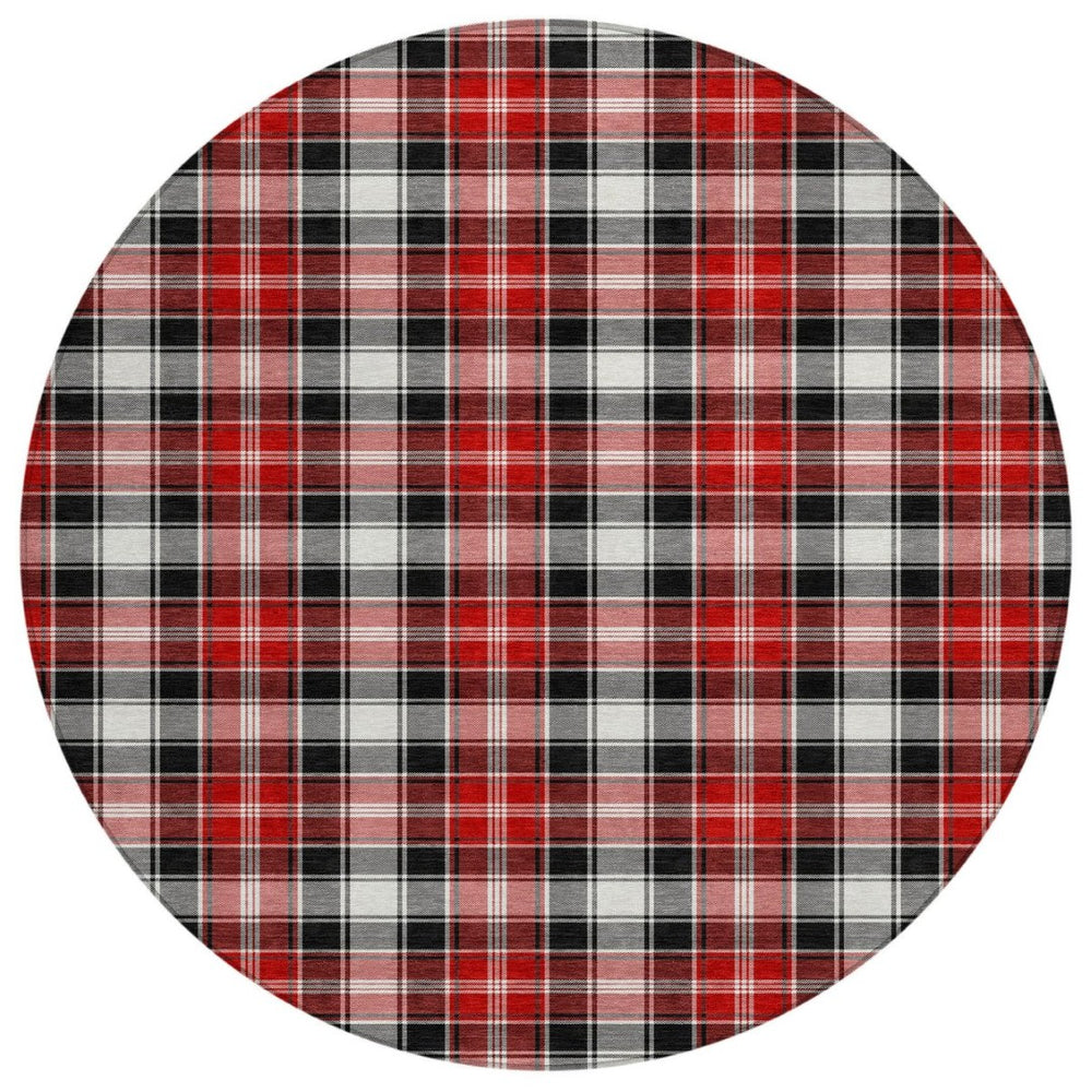 HomeRoots 8' Round Plaid Area Rug in Black, Red, and White - Stylish, Washable, Indoor/Outdoor Durability 621426
