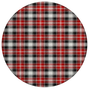 HomeRoots 8' Round Plaid Area Rug in Black, Red, and White - Stylish, Washable, Indoor/Outdoor Durability 621426