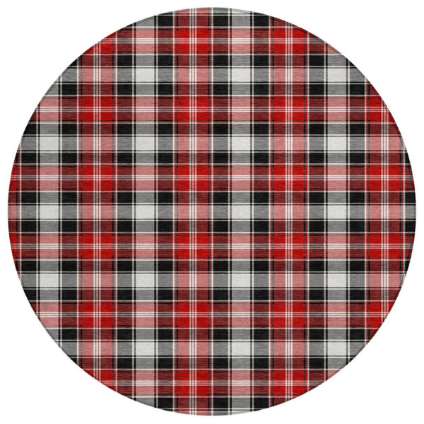 HomeRoots 8' Round Plaid Area Rug in Black, Red, and White - Stylish, Washable, Indoor/Outdoor Durability 621426