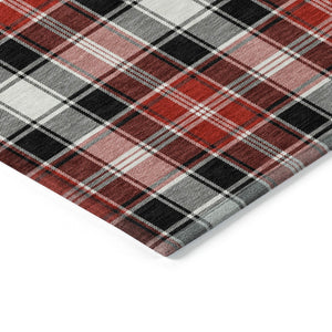HomeRoots 8' Round Plaid Area Rug in Black, Red, and White - Stylish, Washable, Indoor/Outdoor Durability 621426