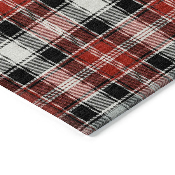 HomeRoots 8' Round Plaid Area Rug in Black, Red, and White - Stylish, Washable, Indoor/Outdoor Durability 621426