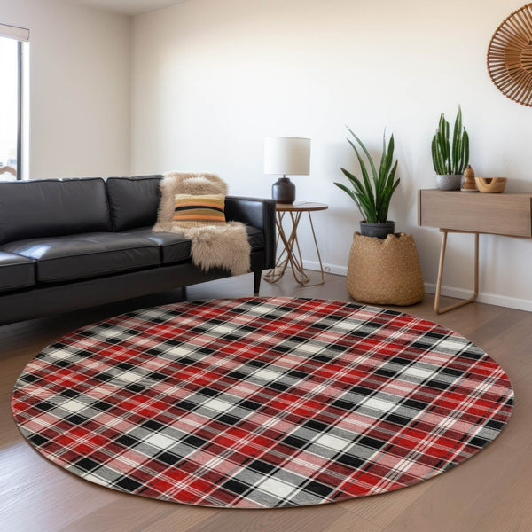 HomeRoots 8' Round Plaid Area Rug in Black, Red, and White - Stylish, Washable, Indoor/Outdoor Durability 621426