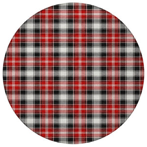 HomeRoots 8' Round Plaid Area Rug in Black, Red, and White - Stylish, Washable, Indoor/Outdoor Durability 621426