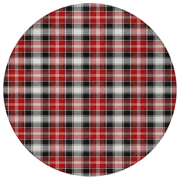 HomeRoots 8' Round Plaid Area Rug in Black, Red, and White - Stylish, Washable, Indoor/Outdoor Durability 621426
