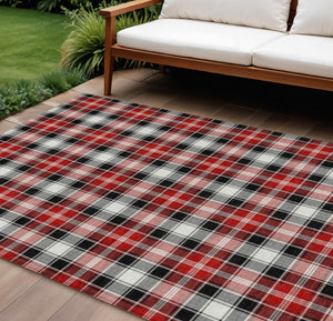 HomeRoots 9' X 12' Stylish Washable Black, Red & White Plaid Area Rug for Indoor & Outdoor High Traffic Use 621428