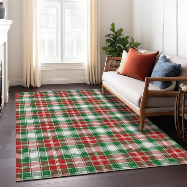 HomeRoots 5' Emerald Red and White Plaid Indoor Outdoor Area Rug - Durable, Washable, Perfect for Any Space! 621431