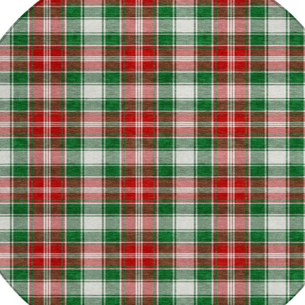 HomeRoots 8' Vibrant Emerald Red and White Round Plaid Rug - Washable, Durable, Perfect for Indoor & Outdoor Use 621432