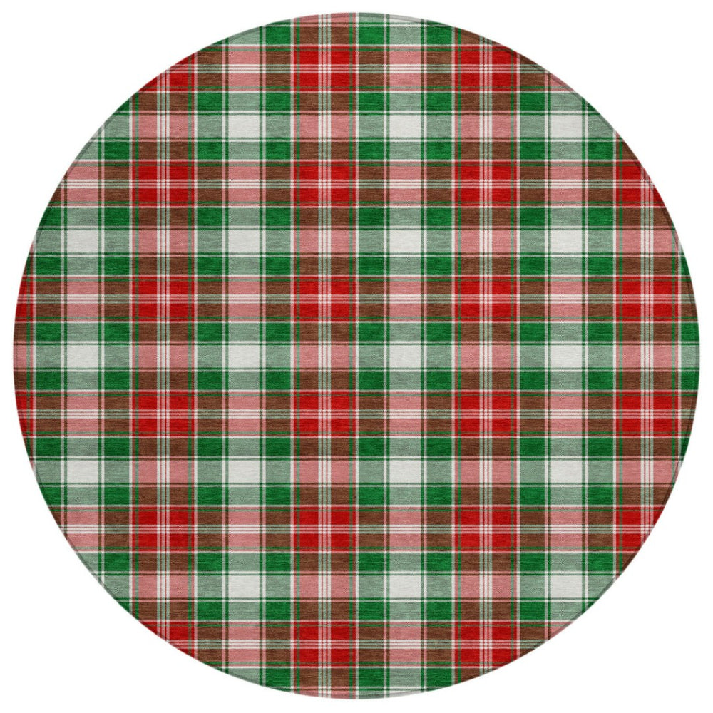 HomeRoots 8' Vibrant Emerald Red and White Round Plaid Rug - Washable, Durable, Perfect for Indoor & Outdoor Use 621432