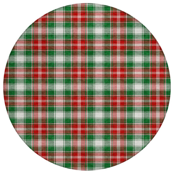HomeRoots 8' Vibrant Emerald Red and White Round Plaid Rug - Washable, Durable, Perfect for Indoor & Outdoor Use 621432