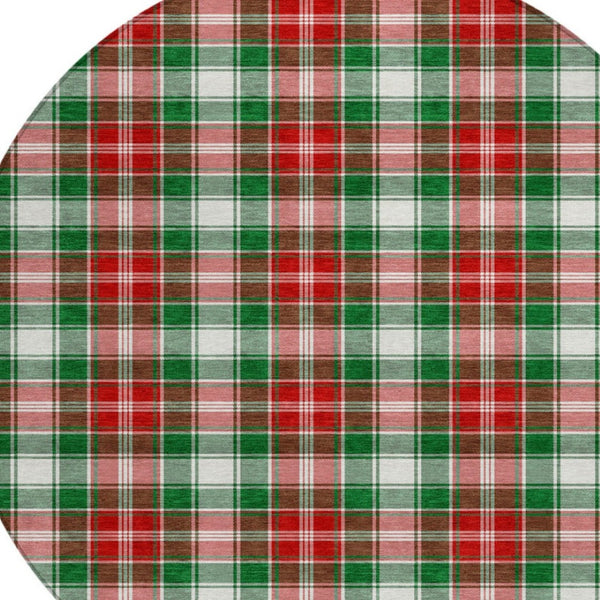 HomeRoots 8' Vibrant Emerald Red and White Round Plaid Rug - Washable, Durable, Perfect for Indoor & Outdoor Use 621432
