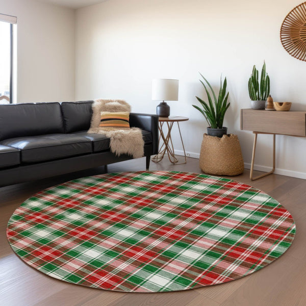 HomeRoots 8' Vibrant Emerald Red and White Round Plaid Rug - Washable, Durable, Perfect for Indoor & Outdoor Use 621432