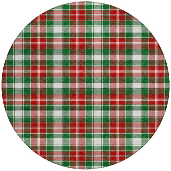 HomeRoots 8' Vibrant Emerald Red and White Round Plaid Rug - Washable, Durable, Perfect for Indoor & Outdoor Use 621432