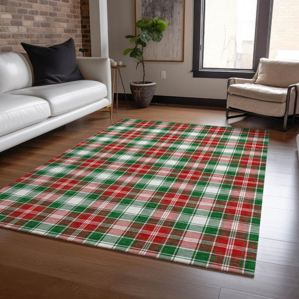 HomeRoots 8' X 10' Emerald Red & White Plaid Area Rug – Stylish, Washable, Indoor/Outdoor, Durable & Versatile! 621433