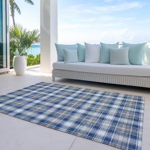 HomeRoots 5' X 8' Navy Blue, Ivory & Gray Plaid Washable Area Rug – Durable, Stain-Resistant for Indoor/Outdoor Use 621443