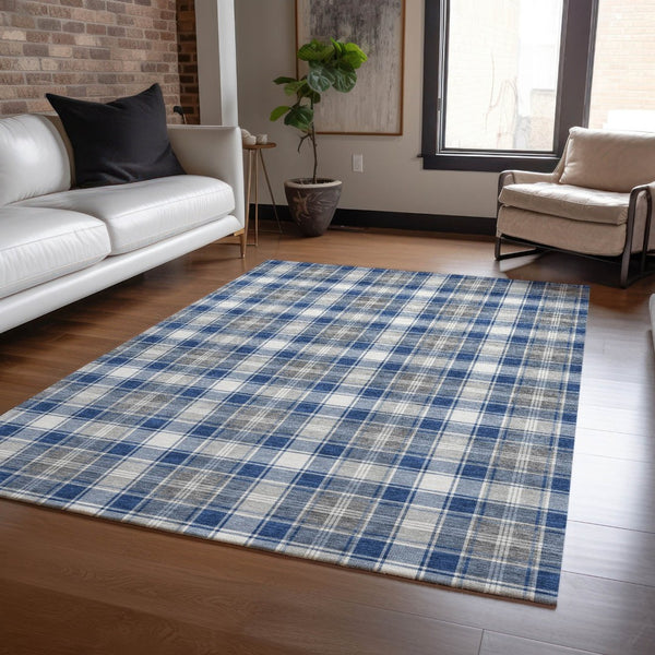 HomeRoots 5' X 8' Navy Blue, Ivory & Gray Plaid Washable Area Rug – Durable, Stain-Resistant for Indoor/Outdoor Use 621443