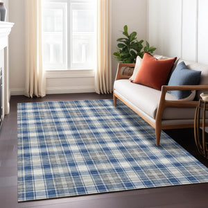 HomeRoots 5' X 8' Navy Blue, Ivory & Gray Plaid Washable Area Rug – Durable, Stain-Resistant for Indoor/Outdoor Use 621443
