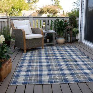 HomeRoots 5' X 8' Navy Blue, Ivory & Gray Plaid Washable Area Rug – Durable, Stain-Resistant for Indoor/Outdoor Use 621443