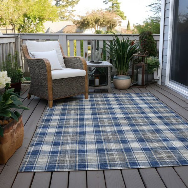 HomeRoots 5' X 8' Navy Blue, Ivory & Gray Plaid Washable Area Rug – Durable, Stain-Resistant for Indoor/Outdoor Use 621443