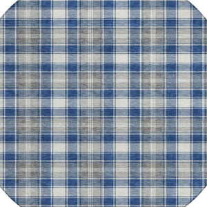 HomeRoots 8' Navy Blue, Ivory, and Gray Round Plaid Rug – Durable, Washable, Perfect for Indoor & Outdoor Use! 621444