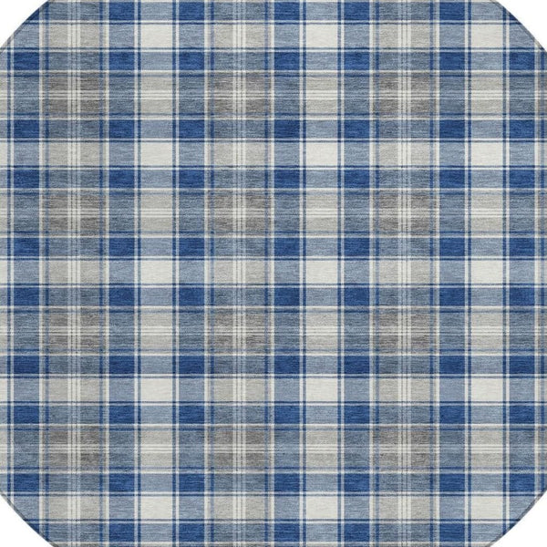 HomeRoots 8' Navy Blue, Ivory, and Gray Round Plaid Rug – Durable, Washable, Perfect for Indoor & Outdoor Use! 621444