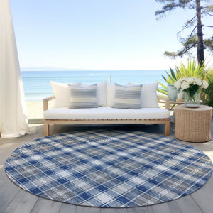 HomeRoots 8' Navy Blue, Ivory, and Gray Round Plaid Rug – Durable, Washable, Perfect for Indoor & Outdoor Use! 621444