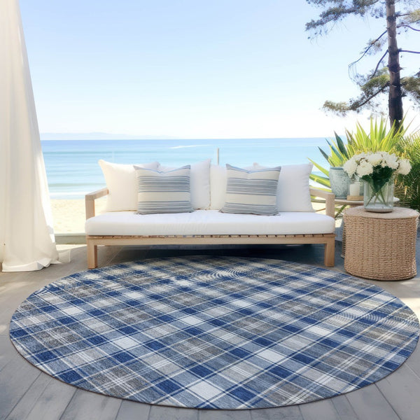 HomeRoots 8' Navy Blue, Ivory, and Gray Round Plaid Rug – Durable, Washable, Perfect for Indoor & Outdoor Use! 621444
